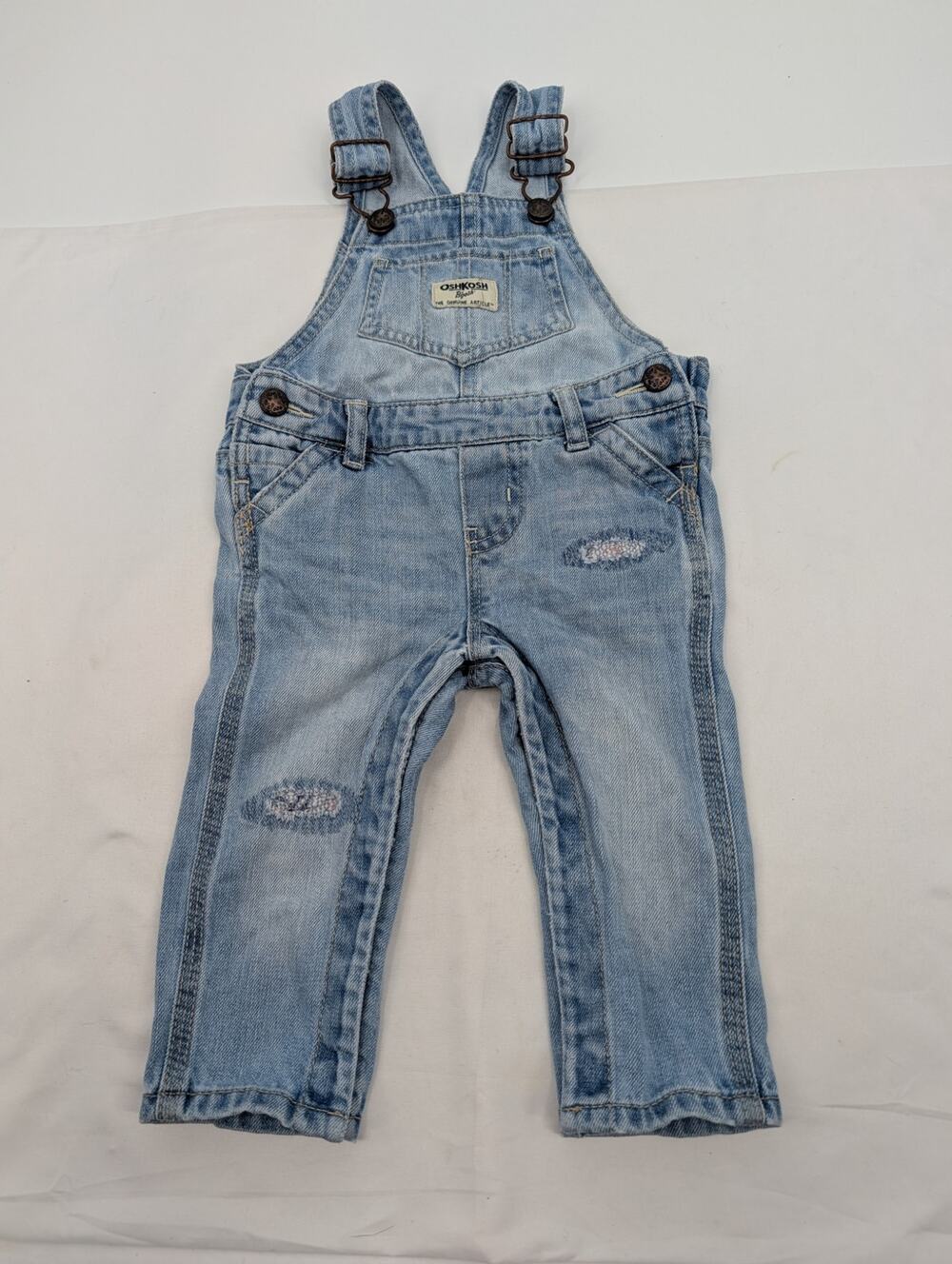 OshKosh B'gosh Blue Light Wash Denim Overalls Distressed Baby 9M Classic Staple